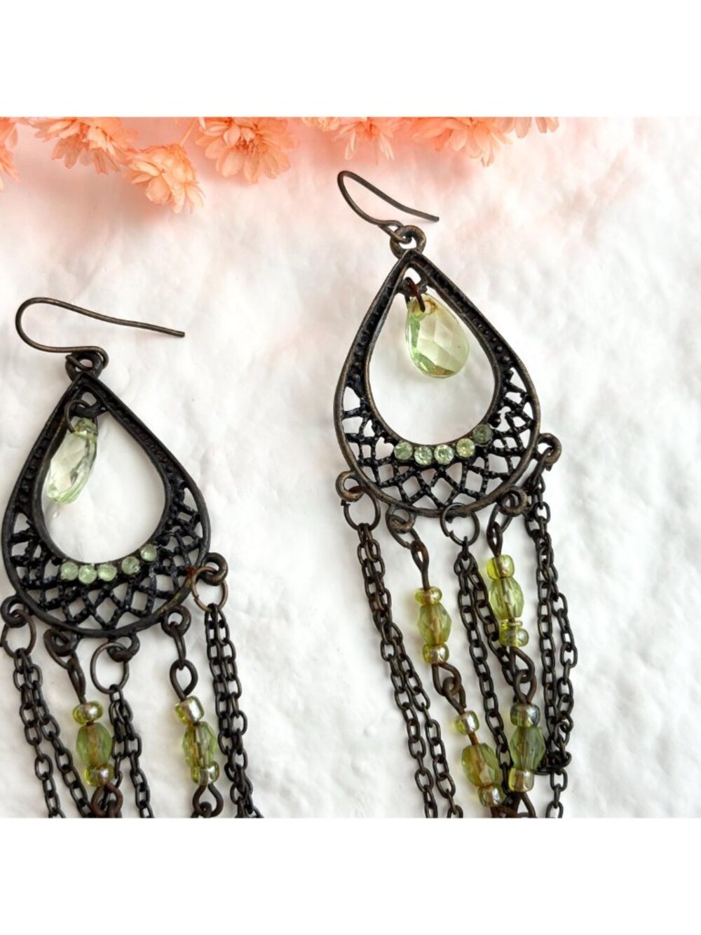 Ultra Dark Silver Toned Green Rhinestone Chandelier Vintage Dangle Earrings - Picture 8 of 13